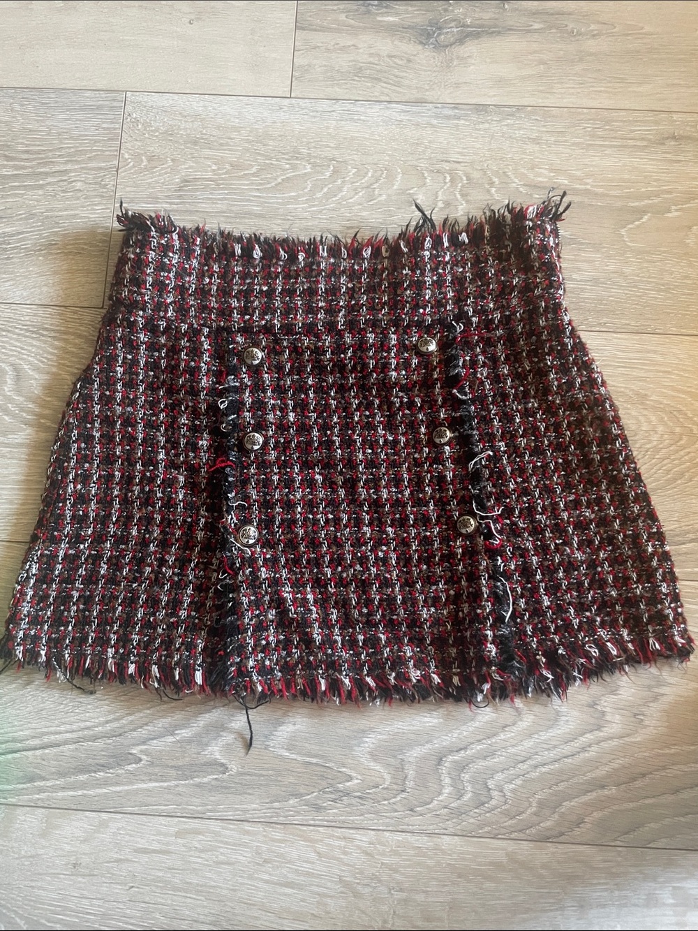 Zara Burgundy and Black Tweed Fringe Mini Skirt